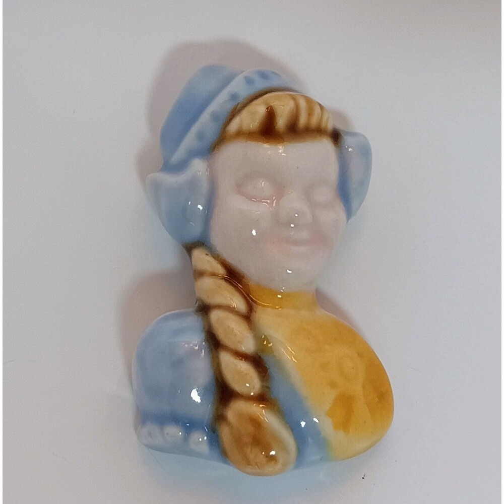 Vintage Mid Century Glazed Ceramic Dutch Girl Figural Brooch 3 in